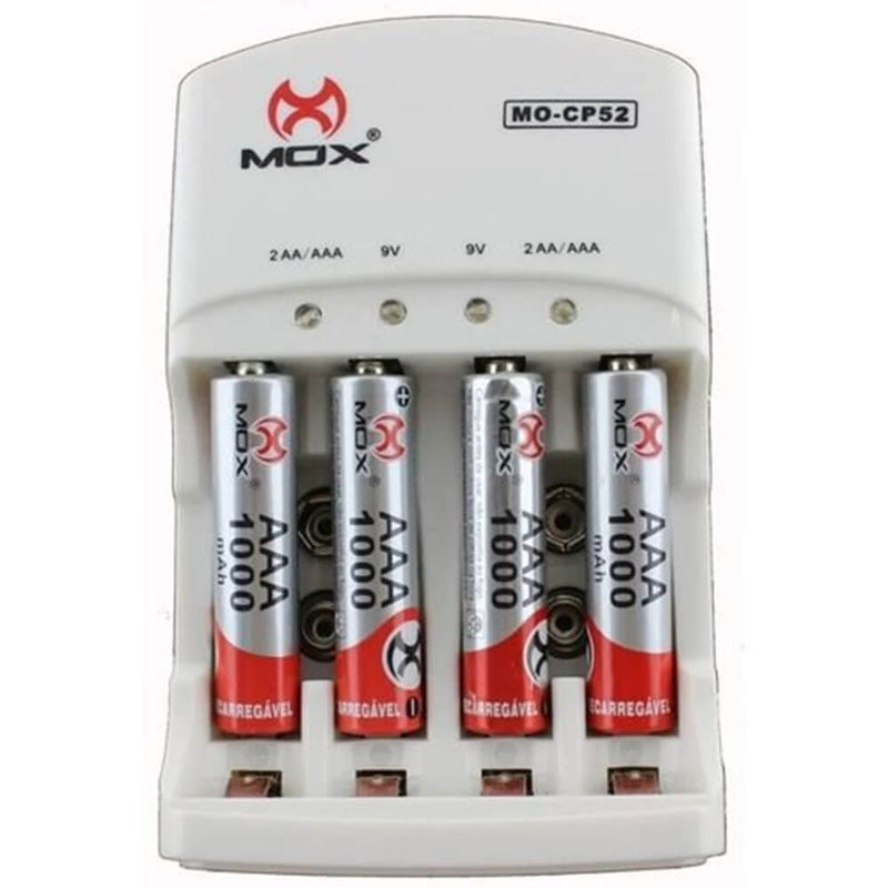 Carregador de Pilhas Mox MO-CP52 Para Pilhas AA, AAA e Baterias de 9V